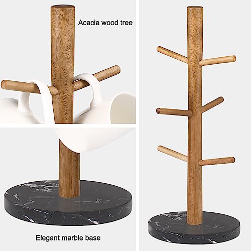 Buruis Mug Holder, Acacia Wood & Marble Base, 6 Hooks Kitchen Countertop Coffee Tea Cups Organizer - color: Round base Black