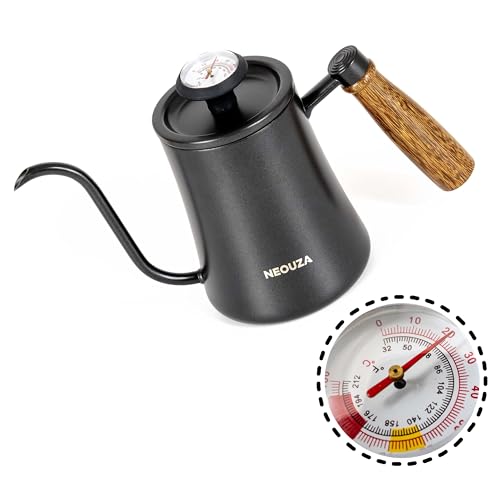 NEOUZA 500ml Gooseneck Kettle with Mechanical Dial Thermometer, 304 Stainless Steel Stovetop Safe Kettle for Pour Over Coffee and Tea, Precision Spout & Wooden Handle - color: Mechanical Thermometer