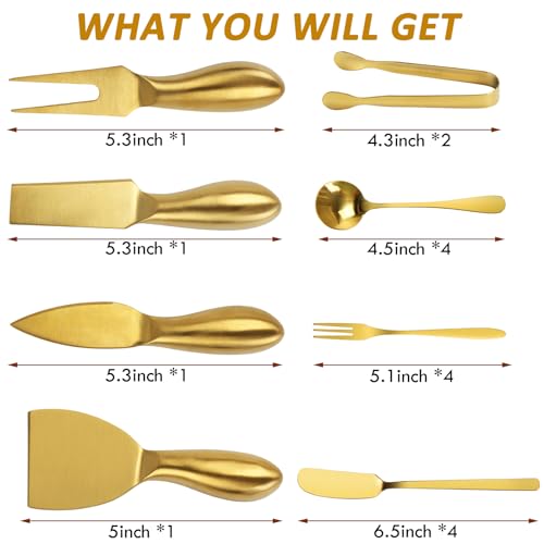 18 pieces Charcuterie Board Accessories, Gold Stainless Steel Cheese Knives, Butter Knife Spreader, Appetizer Forks, Mini Serving Tongs Spoons for Gathering Wedding Birthday... - color: Gold
