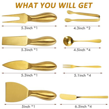 18 pieces Charcuterie Board Accessories, Gold Stainless Steel Cheese Knives, Butter Knife Spreader, Appetizer Forks, Mini Serving Tongs Spoons for Gathering Wedding Birthday... - color: Gold