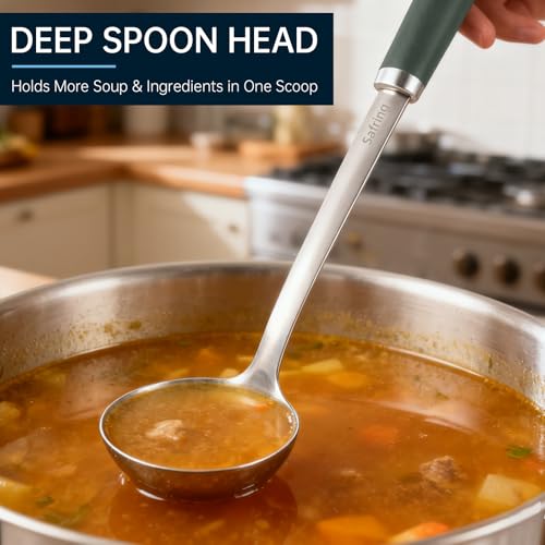 Safring Stainless Steel Soup Ladle and Spaghetti Spoon Set, Heat Resistant Rubber Handle, Dishwasher Safe, Kitchen Utensils for Cooking, Stirring, Serving Pasta, Soup & Sauce (Hunter Green) - color: Hunter Green