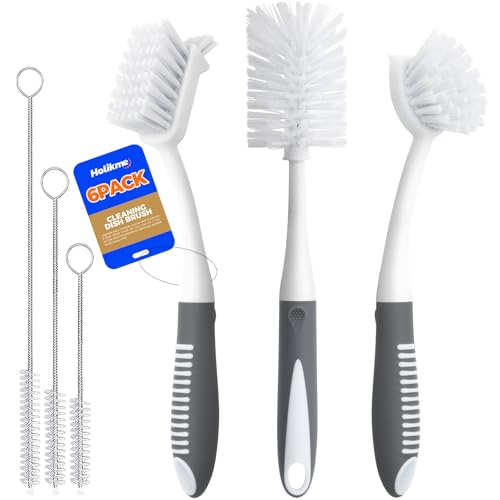 Holikme 6 Pack Dish Brush Set with Bottle Brush, Dish Scrub Brush, Pan Brush and 3 Straw Brushes, Deep Cleaning Handle Brush with Scraper Tip for Kitchen Sink Dishes Bottle Cup Pot and Pans (Gray) - color: Gray