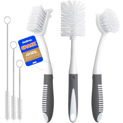 Holikme 6 Pack Dish Brush Set with Bottle Brush, Dish Scrub Brush, Pan Brush and 3 Straw Brushes, Deep Cleaning Handle Brush with Scraper Tip for Kitchen Sink Dishes Bottle Cup Pot and Pans (Gray) - color: Gray