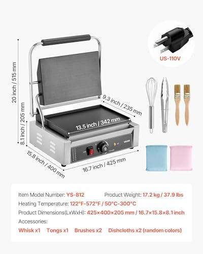 VEVOR Commercial Panini Grill, 1800W Electric Sandwich Panini Maker, Stainless Steel Sandwichs Press Grill with Handle and Temp Control, 13.5x9.3 in Full Flat Enamel Plate, for Hamburger Steak Bacon