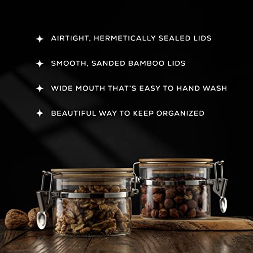 JoyJolt Glass Jars With Bamboo Lids (12 fl oz). 2PC Set of Airtight Storage Jars with Clamp Lids for Pantry Food Storage. Air Tight Sealable Glass Canisters Containers for Kitchen Organization