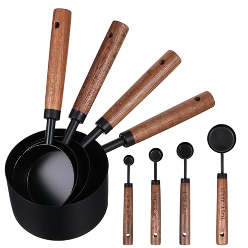 Stainless Steel Measuring Cups Set and Measuring Spoons Wooden Handle Metal Measure Cups and Spoons for Cooking and Baking, 8 Piece - color: Black