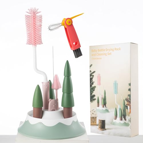 Chemimoso Baby Bottle Drying Rack and Cleaning Set, with Spinning Silicone Baby Bottle Brush, Pacifier Brush, Straw Brush, Cup Lid Cleaning Brush, 2025 Xmas Holiday Surprise Gift for Newmom, Pink - style: Set, Pink
