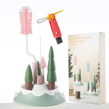 Baby Bottle Drying Rack and Cleaning Set，Xmas Surprise Gift for Newmom | with Spinning Silicone Baby Bottle Brush, Pacifier Brush, Straw Brush, Cup Lid Cleaning Brush, x Pink - style: Set, Pink