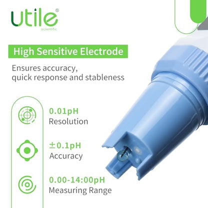 Utile pH Meter Pro,±0.01pH Accuracy pH Tester Kit, Auto Temp. Compensation, Auto 1-3 Points Calibration,Waterproof,LCD Display,4434.0003.1