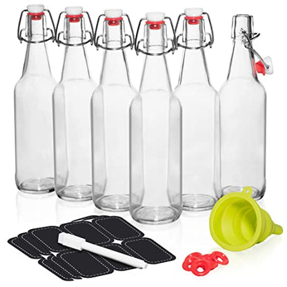 WILLDAN Set of 6-16oz Swing Top Glass Bottles - Flip Top Brewing Bottles For Kombucha, Kefir, Vanilla Extract, Beer - Airtight Caps and Leak Proof Lids, Bonus Gaskets and Funnel - size: 16oz - 6 Pack