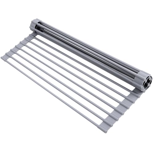 Ohuhu Roll Up Dish Drying Rack, Over The Sink Multipurpose Roll-Up Dish Racks, 16.5" W x 13" L Rolling Heat-Resistant Anti-Slip Silicone Coated Dish Drainer Portable Foldable for Kitchen Counter - color: Gray, size: 16.5"W x 13"L