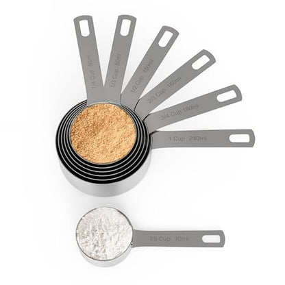 Chef Pomodoro Stainless Steel Measuring Cup Set, Nested and Stackable with 7 Pieces, Sturdy Extra-long Handles with Lasered Markings and Sorting Ring, Metal Kitchen Spoons for Wet and Dry Ingredients