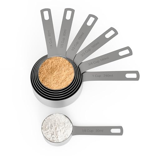 Chef Pomodoro Stainless Steel Measuring Cup Set, Nested and Stackable with 7 Pieces, Sturdy Extra-long Handles with Lasered Markings and Sorting Ring, Metal Kitchen Spoons for Wet and Dry Ingredients