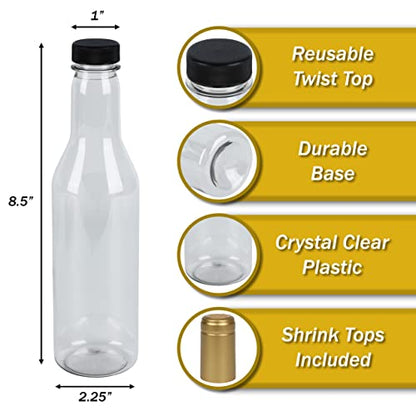 Pellah PET Plastic Bottles and caps,12 Oz 375 ml, 12 Sets, With Screw Closures Lids And Heat Shrink Seals, For Hot Sauce Wine Alcohol Juice (Gold Shrinks) - color: Gold Shrinks