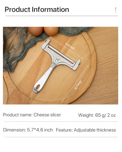 Stainless Steel Wire Cheese Slicer, Adjustable Thickness Handheld Cheese Cutter with 4 Extra Wires for Mozzarella, Cheddar, Gruyere, Raclette
