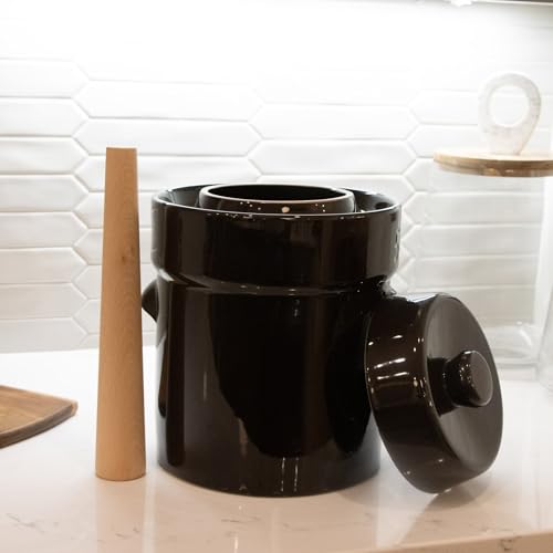 Lehman's European Style Fermentation Crock Set with Wooden Stomper and Fitted Weights, Set to Preserve Sauerkraut Pickles Kimchi and More (1 Gallon) - size: 1 Gallon