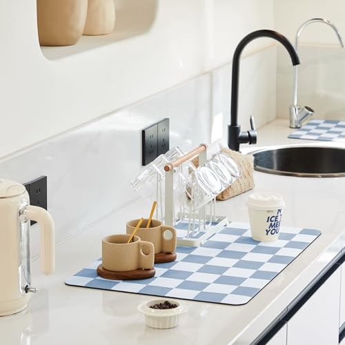 Checkered Dish Drying Mat for Kitchen Counter, Coffee Bar Station Accessories, Retro Cute Aesthetic Absorbent Coffee Mat Kitchen Drying Mat Easy Clean, Blue 12" x 19" - color: Blue, size: 19" x 12"