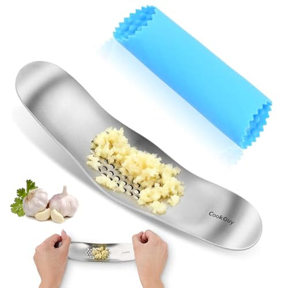 Cook Guy Garlic Press Rocker Set -304 Stainless Steel Premium All-Steel Garlic Mincer, Crusher, Peeler, and Scraper Tool for Effortless Mincing –Dual-Handle Garlic Grinder(B0201) - color: Silver