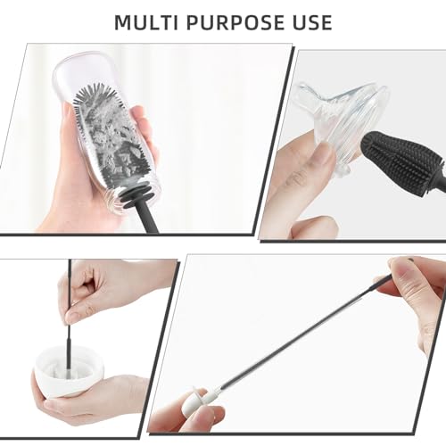 Silicone Bottle Brush and Straw Cleaner Set,Water Bottle Brush Double-Headed,Straw Brush Silicone,Bottle Cleaner Brush for Thermoses and Sports/Water Bottles/Dish/Cup (Black-Grey)