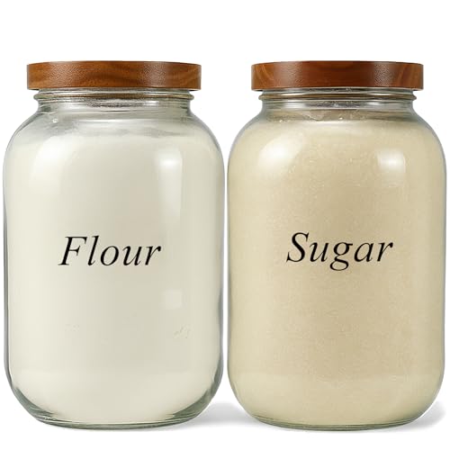 2 Pack Glass Flour Sugar Storage Containers with Acacia Wooden Lid, 1 Gallon Glass Jars with Airtight Lid, Wide Mouth Large Mason Jars 128oz for Rice, Pasta, Oats, Coffee Storage - size: Large