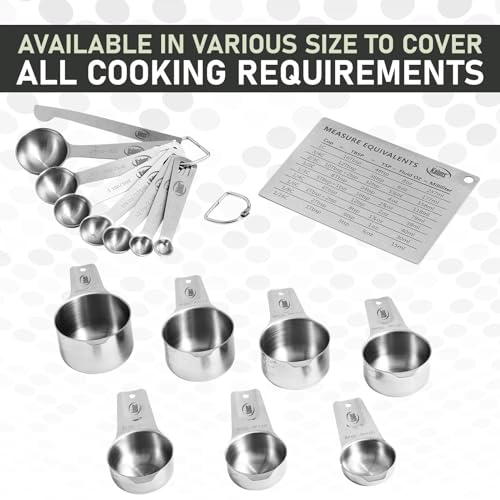 Kaluns Stainless Steel Measuring Cups, Measuring Spoons,16 Piece Measuring Cups and Spoons Set Includes Leveler and Measurements Card, Heavy-duty, Heat and Rust Resistant