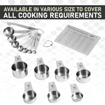 Kaluns Stainless Steel Measuring Cups, Measuring Spoons,16 Piece Measuring Cups and Spoons Set Includes Leveler and Measurements Card, Heavy-duty, Heat and Rust Resistant