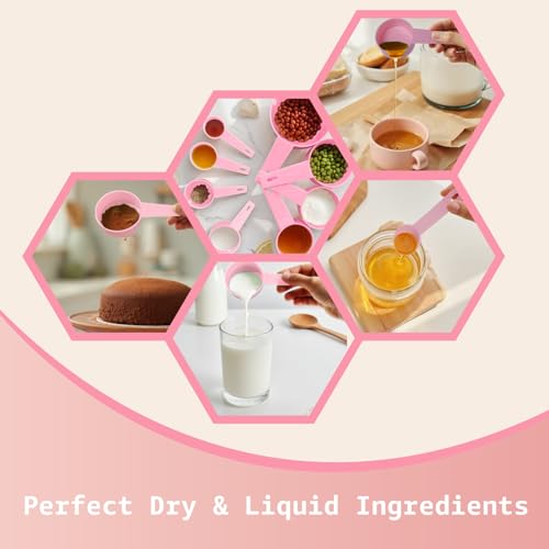 Inmorven 10pcs Measuring Cups and Spoons Set, BPA-Free Plastic Kitchen Baking Tools with Engraved Markings, Stackable Design for Dry & Liquid Ingredients (Pink) - color: Pink