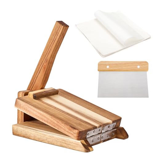 Wooden Tortilla Press with 50pcs Parchment Paper & Stainless Steel Dough Scraper, Large Mexican Square Flour Tortillera Presser Homemade for Tortillas Roti Burrito, Tacos, Pataconera, 8 inch