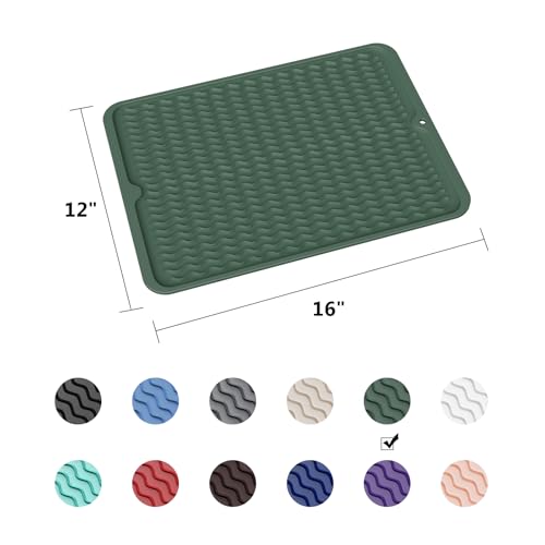 ZLR Silicone Dish Drying Mat for Kitchen Counter (12" x 16" / 307 x 405mm) - Large Fast-Dry Drainer Mat with Raised Wavy Ridges & 5mm Lip - Non-Slip, Heat Resistant 450°F, BPA-Free (Dark Green) - color: Dark Green, size: 16" x 12"