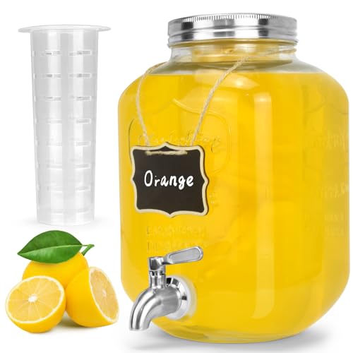 DD&HAPP Glass Beverage Dispenser With Stainless Steel Spigot,1.2 Gallon Mason Jar Drink Dispenser,Sun Tea,Lemonade & Juice Dispenser for Parties, Weddings & Events.Leak-Proof, Infuser Included. - size: 1.2 Gallon Single