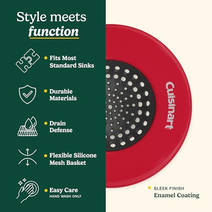 Cuisinart Sink Strainers- 2 Pack Kitchen Sink Drain Strainer & Food Catcher with Enamel-Coated Stainless Steel Rim and Silicone Base, Fits Standard 3.5" Drains, Outer Diameter 4.35", Scratch-Safe - color: Red
