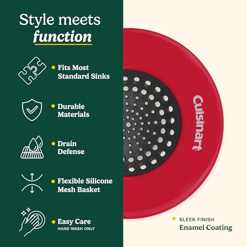 Cuisinart Sink Strainers- 2 Pack Kitchen Sink Drain Strainer & Food Catcher with Enamel-Coated Stainless Steel Rim and Silicone Base, Fits Standard 3.5" Drains, Outer Diameter 4.35", Scratch-Safe - color: Red