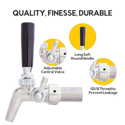 Beer Flow Control Tap, Stainless Steel Core, Adjustable Flow Control Tap for Home Brew or Commercial Keg, Forward Sealing with No Leaks