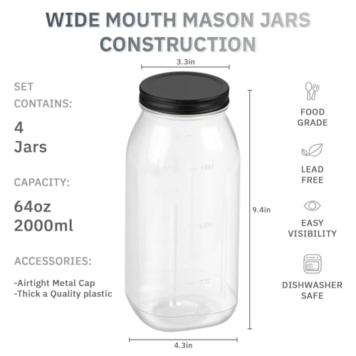 novelinks 64 oz Large Plastic Mason Jars with Airtight Lids Wide Mouth | 3 Pack, Black, Storage Jars with Airtight Lids, Mason Jars 64oz, Big Jars Wide Mouth, Plastic Storage Containers for Pantry - color: 3 Pack Black