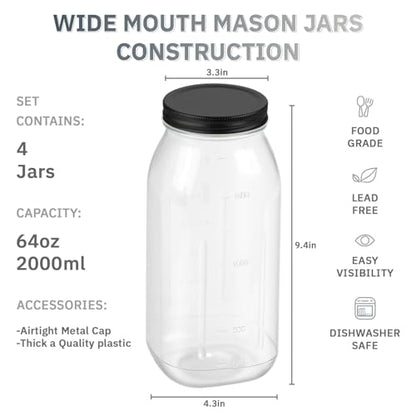 novelinks 64 oz Large Plastic Mason Jars with Airtight Lids Wide Mouth | 3 Pack, Black, Storage Jars with Airtight Lids, Mason Jars 64oz, Big Jars Wide Mouth, Plastic Storage Containers for Pantry - color: 3 Pack Black