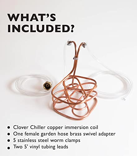 Craft A Brew - Clover Wort Immersion Chiller - For Home Brewing - Includes Copper Immersion Coil, Two Vinyl Tubing Leads, Hose Adapter, and Stainless Steel Worm Clamps - Made in USA - 5 Gallon - size: 5 Gallon