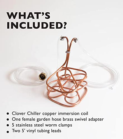 Craft A Brew - Clover Wort Immersion Chiller - For Home Brewing - Includes Copper Immersion Coil, Two Vinyl Tubing Leads, Hose Adapter, and Stainless Steel Worm Clamps - Made in USA - 5 Gallon - size: 5 Gallon