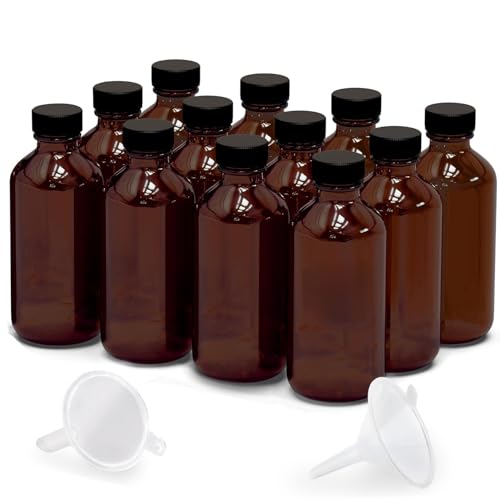 12 Pack 2oz Amber Glass Bottles for Vanilla Extract, Boston Round Leak-Proof Brown Glass Jars with Caps, Bonus Funnel - Ideal for Homemade Extracts, Essential Oils, DIY Christmas Party Gift Supplies - color: Amber, size: 12