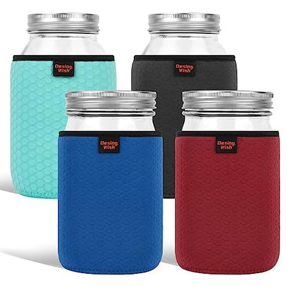 32 oz Regular/Wide Mouth Mason Jar Neoprene Sleeve, 32oz Non-slip Cozy Insulated Glass Jars Protector Holder Sleeves 3.7 x 5.3 Inches - 4 Pack (Black/Red/Blue/Cyan) - color: 32 oz Sleeves (3.7 x 5.3 In) - Black/Red/Blue/Cyan
