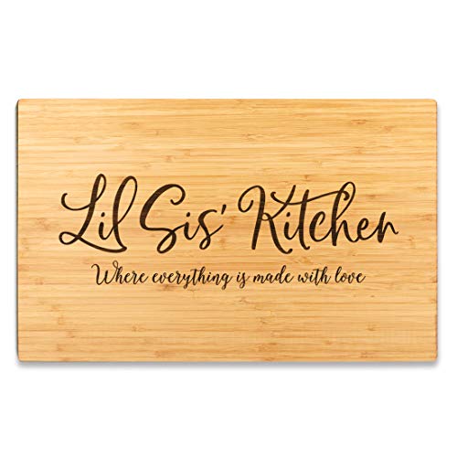 Andaz Press Large Bamboo Wood Cutting Board Gift, 17.75 x 11-inch, Lil Sis' Kitchen Where Everything is Made With Love, 1-Pack, Engraved Serving Chopping Board Christmas Birthday Chef Kitchen Ideas - color: Lil Sis