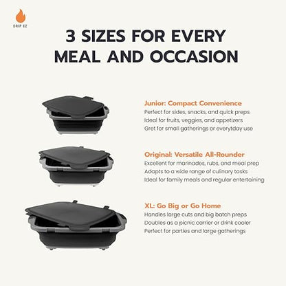 Drip EZ Collapsible BBQ Prep Tubs 3-Piece Set - For Meal Prep Marinating Food Storage - Includes Cutting Board & Lid - (1) JR + (1) OG + (1) XL - Green - color: Green