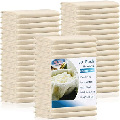 Peryiter 60 Pcs 20 x 20 Inches Cheese Cloths Bulk, Grade 100, Hemmed Reusable Cheesecloth Bag for Straining Unbleached Cotton Muslin Cloth for Cheese Making, Cooking, Baking, Butter, Juicing, Turkey