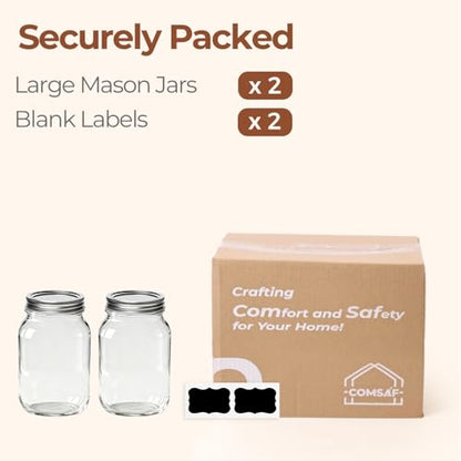 ComSaf 32 oz Wide Mouth Mason Jars 2 Pack Large Glass Jars with Lids | BPA-Free Materials, Quart Size, Chunky Salsa, Canning Pickling Sauce, Meal Prep Salad, Sourdough, Jam Jelly, Meal Prep - size: 32oz wide mouth 2PCS