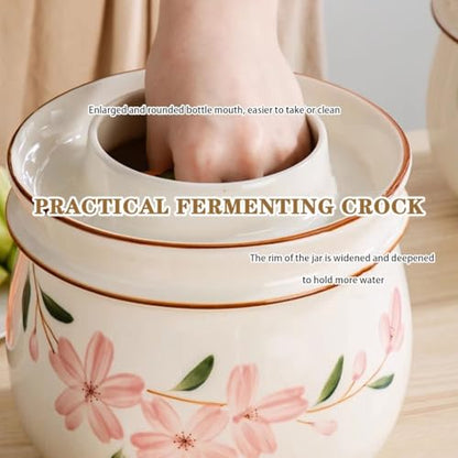 Hand-Painted Cherry Blossom Storage Jar, Double Lid Design Fermentation Crock, Household Water Seal Design Kimchi Jar, Ceramic Grain Container(2000ml) - size: 2000ml
