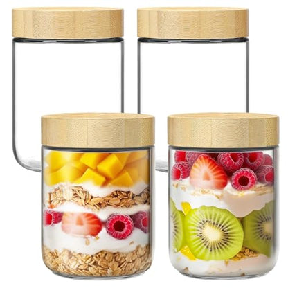 4 Pack 16oz Glass Jars with Bamboo Lids, Overnight Oats Containers with Airtight Lids, Storage Containers Wide Mouth Mason jars for Salad,Yogurt, Sugar, Snacks, Spices - color: 16OZ-4P