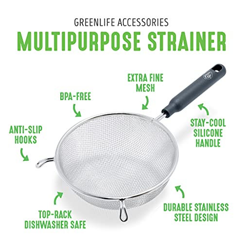 GreenLife Cooking Tools and Utensils, 4 Piece Extra Fine Stainless Steel Mesh Strainer Kitchen Set, Stay Cool Handles, Dishwasher Safe, BPA-Free, Grey - color: Gray, size: 4 Piece Stainless Steel Mesh Strainer Set