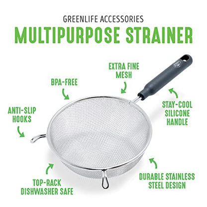 GreenLife Cooking Tools and Utensils, 4 Piece Extra Fine Stainless Steel Mesh Strainer Kitchen Set, Stay Cool Handles, Dishwasher Safe, BPA-Free, Grey - color: Gray, size: 4 Piece Stainless Steel Mesh Strainer Set