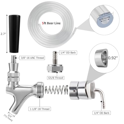 Draft Beer Faucet Beer Line Shank Kit Kegerator Parts Beer Tower Dispenser Replacement Set Self-Closing Beer Tap Wrench I.D.3/16” Beer Tubing 1/4”Keg Coupler Barb Cleaning Brush Tap Cover