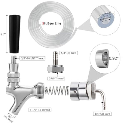 Draft Beer Faucet Beer Line Shank Kit Kegerator Parts Beer Tower Dispenser Replacement Set Self-Closing Beer Tap Wrench I.D.3/16” Beer Tubing 1/4”Keg Coupler Barb Cleaning Brush Tap Cover