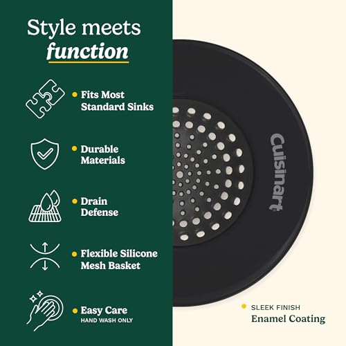 Cuisinart Sink Strainers- 2 Pack Kitchen Sink Drain Strainer & Food Catcher with Enamel-Coated Stainless Steel Rim and Silicone Base, Fits Standard 3.5" Drains, Outer Diameter 4.35", Scratch-Safe - color: Black